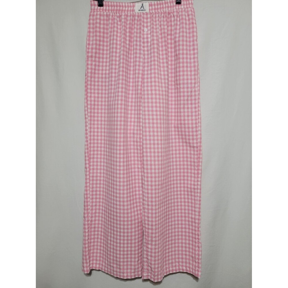 ANRABESS Pajama Pants Women M Pink Excellent Gingham Plaid Rayon Loungewear